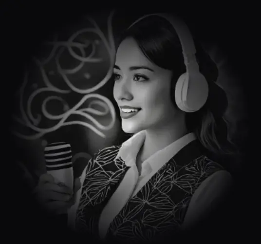 a voice talent woman holding microphone and wearing headphone